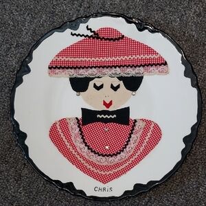 Vintage Decorative Folk Art Plate with Lady Design